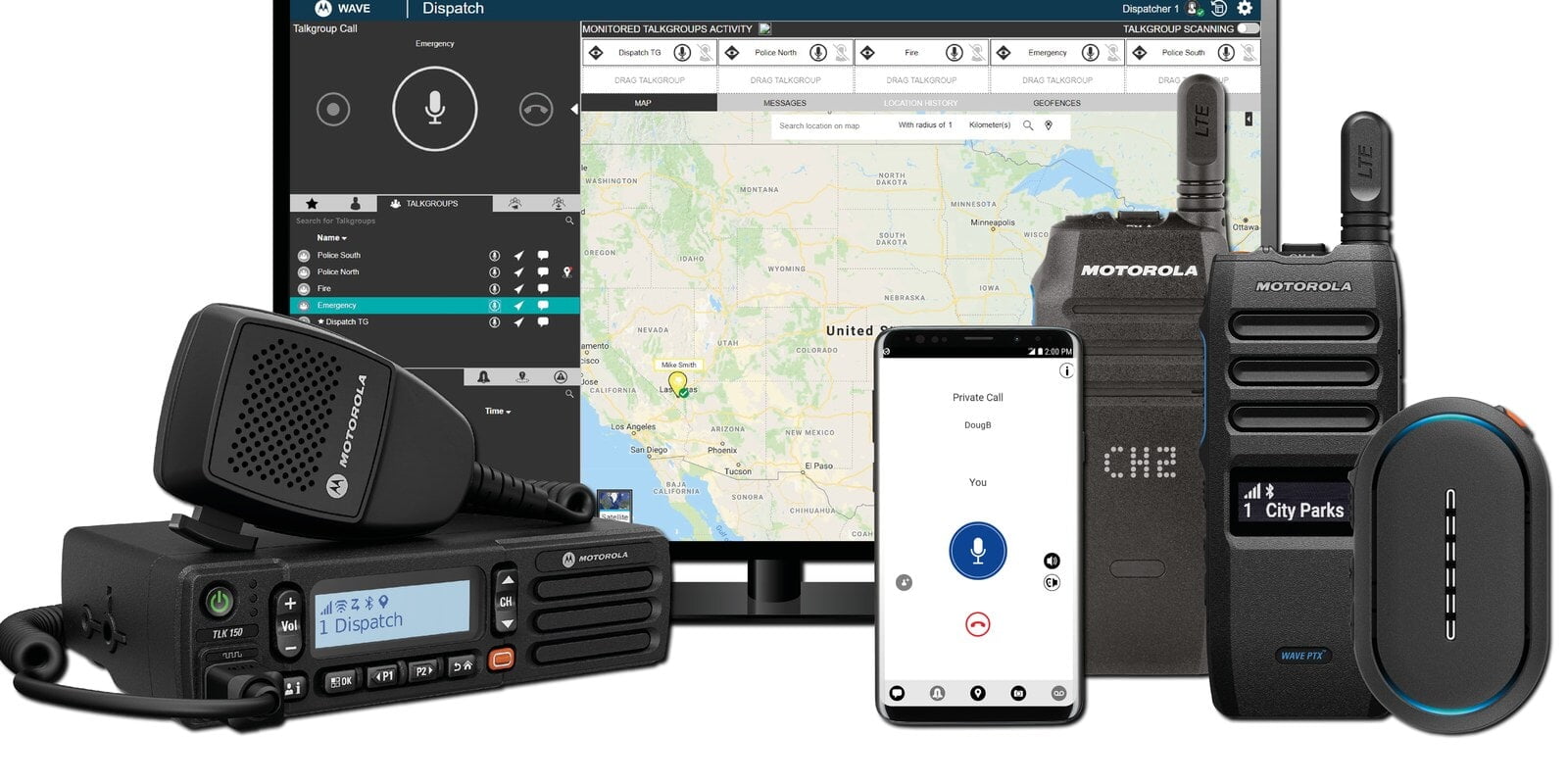 Motorola WAVE PTX broadband push-to-talk family, from dispatch console to handheld